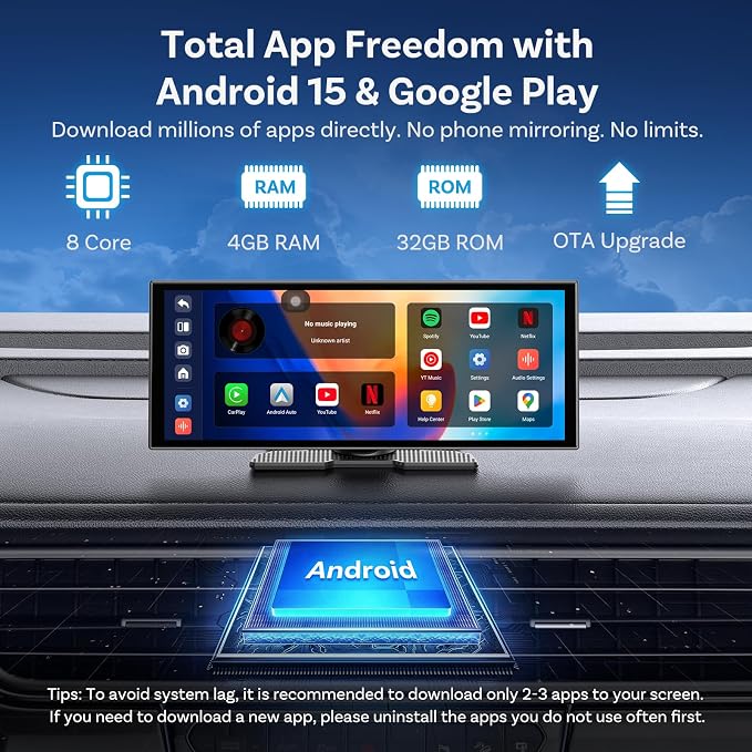 OTTOCAST OttoScreen AI 11.4" Wireless Carplay Screen for Car, Gemini AI Voice Control, Android Auto, Netflix YouTube Google Play, Dual WiFi Dual Bluetooth, 1080P Backup Camera, 8-Core Android 15