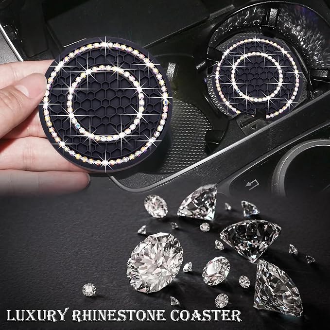 2PCS Bling Crystal Rhinestone Cup Holder Coaster, 2.75 inch Soft Silicone Anti-Slip Shockproof, Car Cup Holder Insert Coasters, Universal Car Interior Accessories for Women (Black & Colorful)