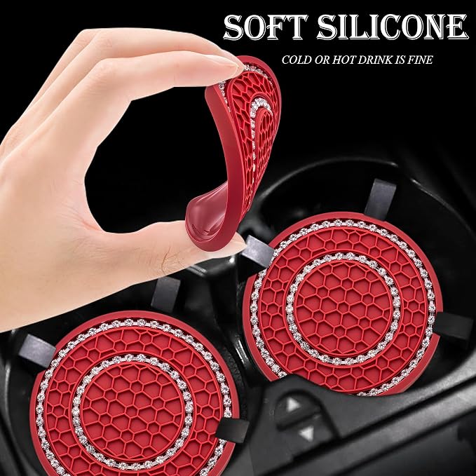 2PCS Bling Crystal Rhinestone Cup Coaster Insert, 2.75 inch Soft Silicone Anti-Slip Shockproof, Car Drink Holder Coaster, Universal Car Interior Accessories for Women (Red & White)