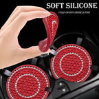 2PCS Bling Crystal Rhinestone Cup Coaster Insert, 2.75 inch Soft Silicone Anti-Slip Shockproof, Car Drink Holder Coaster, Universal Car Interior Accessories for Women (Red & White)