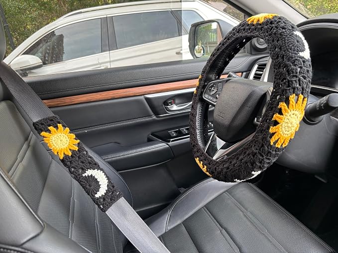 Handmade Crochet Sun Moon Car Steering Wheel Covers Universal 14-15 inch,Cute Steering Wheel Cover,Car Accessories (Black Wheel Cover+2 Belt Cover)