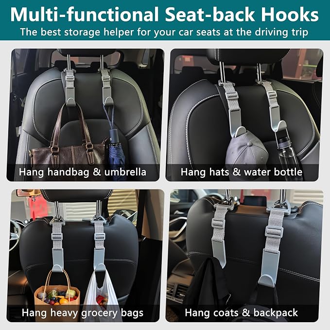 Headrest Hooks for Car Adjustable 4 Pack Vehicle Seat Back Organizer Storage Hanger Holder for Purse Bags Universal Fit with Clip Gray