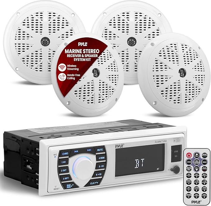 Pyle Marine Radio Receiver Speaker Set 12v Single Din Style Bluetooth Compatible Waterproof Digital Boat In Dash Console System with Mic 4 Speakers, Remote Control, Wiring Harness PLMRKT38W (White)