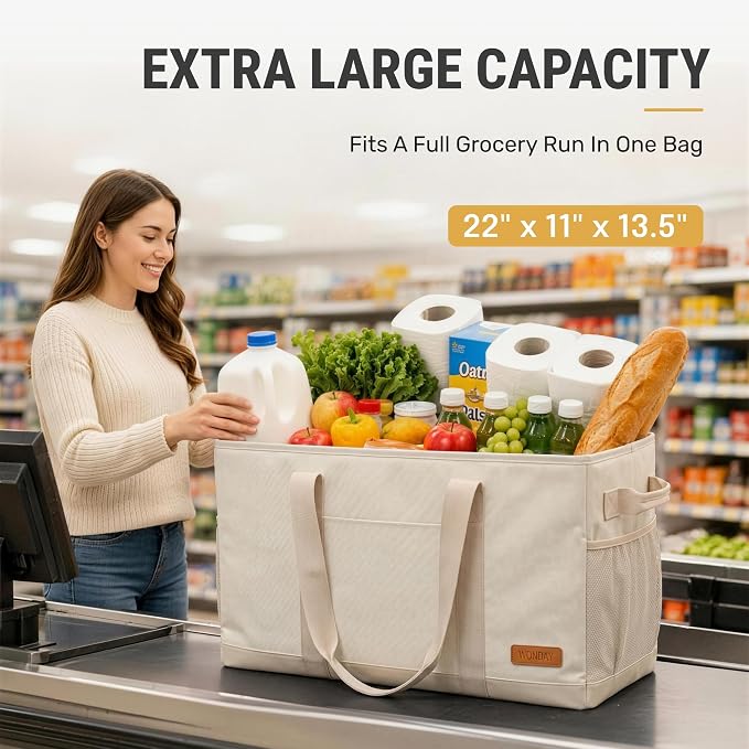 Extra Large Utility Tote Bag - Standing Reusable Grocery Bag with Handle, Collapsible Storage for Shopping, Beach