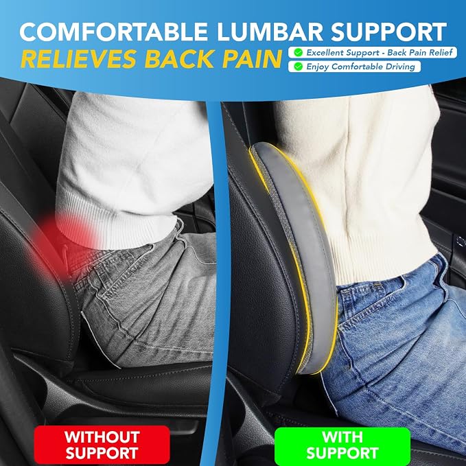 Lumbar Support Pillow for Car, Car Seat Back Support for Driving | Memory Foam Car Lumbar Support for Driving Seat, Car Back Cushion, Adjustable Straps, Lower Back Pillow, Dark Grey