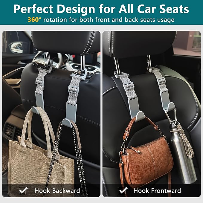 Headrest Hooks for Car Adjustable 4 Pack Vehicle Seat Back Organizer Storage Hanger Holder for Purse Bags Universal Fit with Clip Gray