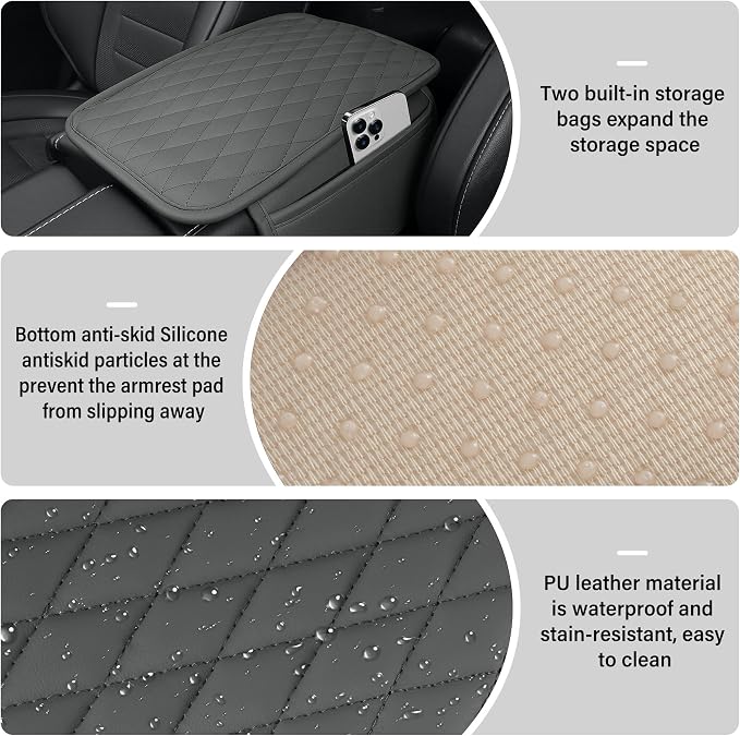 Car Center Console Cover, Upgraded Leather Car Armrest Cushion with 2 Storage Pockets, Universal Waterproof Cushion Pad, Non-Slip Car Interior Accessories, Fits Most Sedans SUVs Trucks (Gray)
