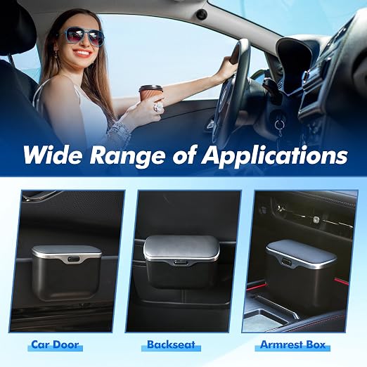 Automatic Push Button Car Trash Can with Secure Lid, Vehicle Garbage Bin (Black)
