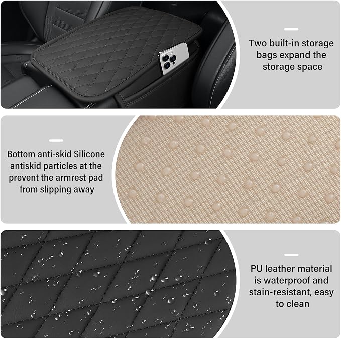 Car Center Console Cover, Upgraded Leather Car Armrest Cushion with 2 Storage Pockets, Universal Waterproof Cushion Pad, Non-Slip Car Interior Accessories, Fits Most Sedans SUVs Trucks (Black)
