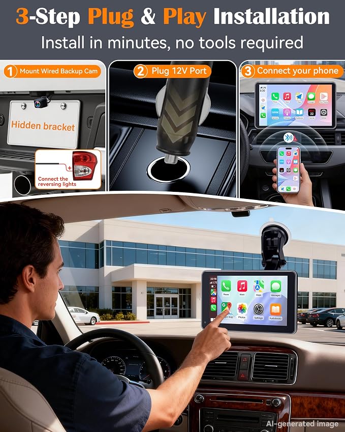 Portable Carplay Screen with Backup Camera - Plug-Play 7-inch HD 1080P Car Touchscreen Supports Both Apple CarPlay & Android Auto - No Dashboard Removal, GPS Navigation, Voice Control, Bluetooth