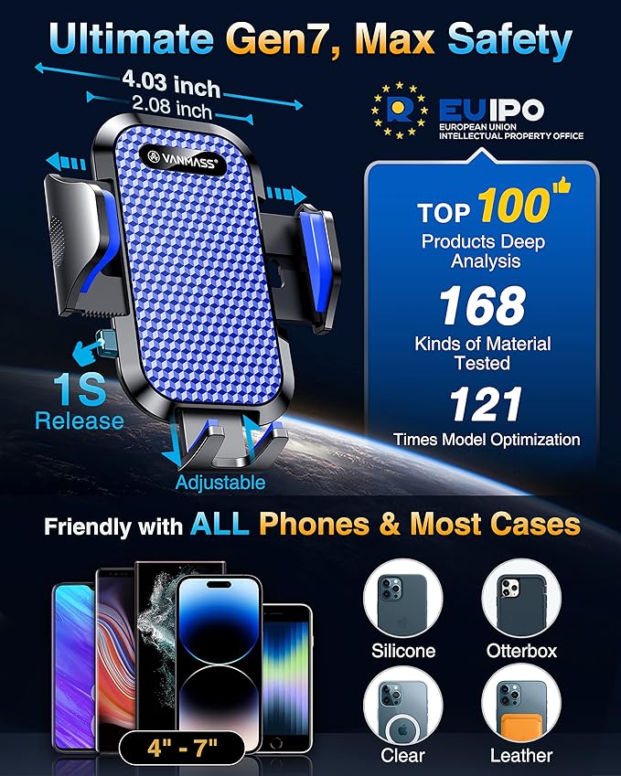 [True Military-Grade] Car Phone Holder [Best Suction & Clip] Cell Phone Mount for Dashboard Windshield Vent Truck Cradle Dash Stand for iPhone 15 Pro Max 14 13 12 Android, Blue