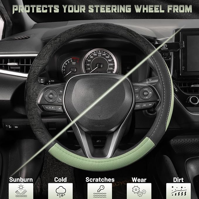 Steering Wheel Cover for Car, Standard Size 14.5-15 inch, Auto Interior Accessories, Black and Pastel Green