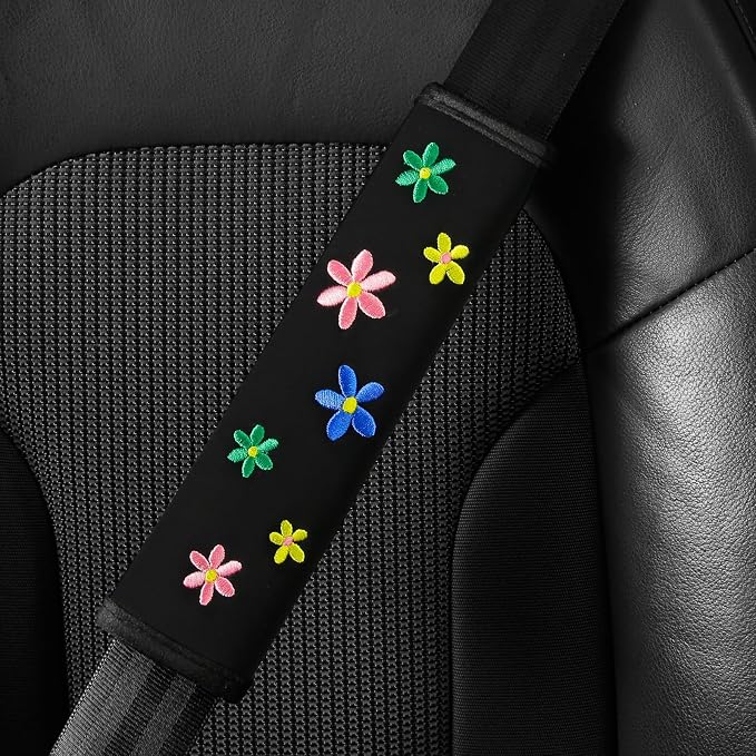 Embroidery Cute Steering Wheel Cover Floral Decor+Center Console Cover+Belt Cover,Anti-Slip,Sweat Absorption,3pcs