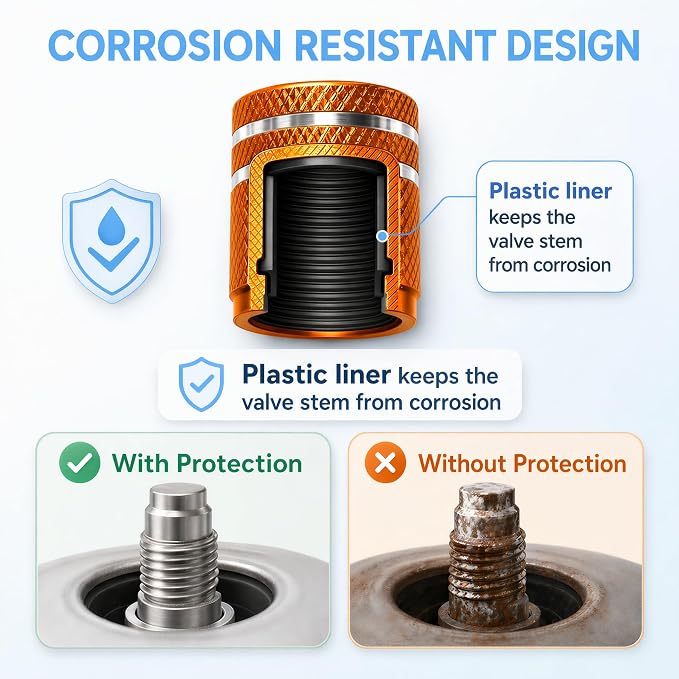 Tire Valve Stem Caps 8 Pack, Aluminum Tire Valve Caps with Plastic Liner, Corrosion Resistant Leak Proof Air Valve Caps, Universal Valve Stem Caps for Cars, Trucks, SUVs, Motorcycles and Bikes