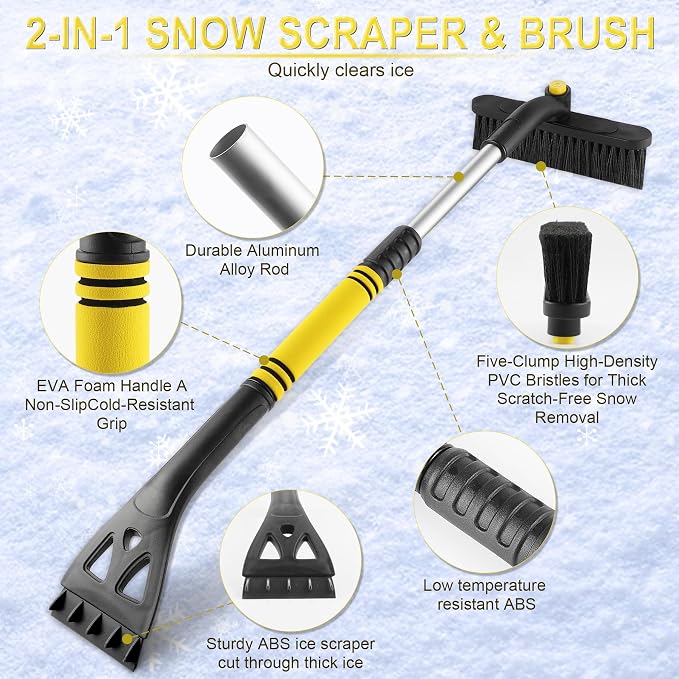 32" Extendable Ice Scraper & Snow Brush for Car Windshield, 360° Rotating Snow Removal Tool for Cars, Trucks & SUVs, Automotive Winter Essentials & Car Accessories for Men, Yellow