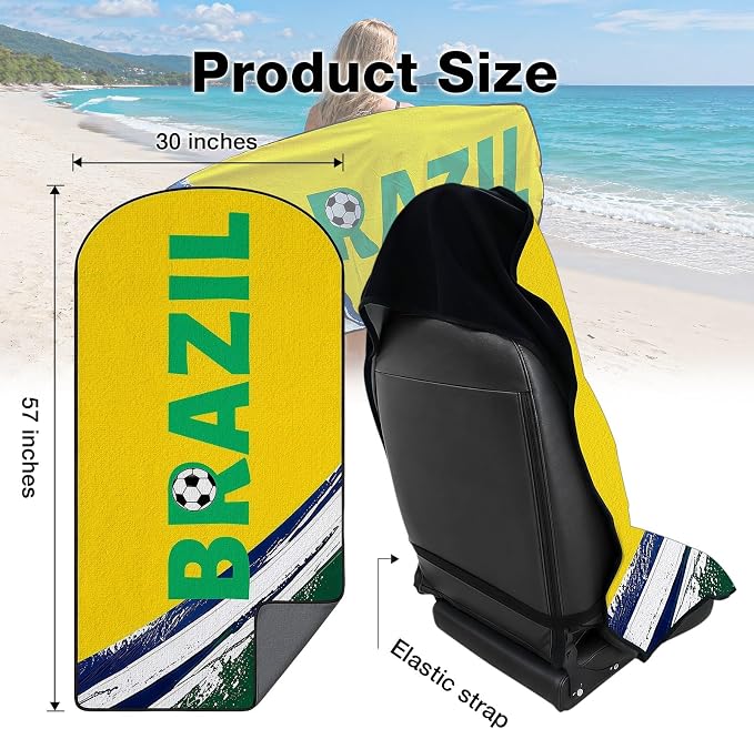 Car Seat Cover Towel, Universal Fit Front Seat 57 x 30 Inch Non Slip Soft Waterproof Absorbent instantly Sweat Protector, for Gym Workout, Swimming, Beach, Soccer, Pet travel (Brazil Soccer Style)