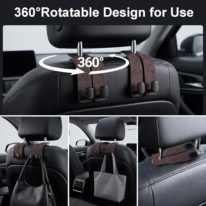 Car Seat Hooks Dual Hangers Storage Organization Gadgets Accessories 2 Pack | Headrest Holder for Purses, Bags, Coat and Handbag, 360° Rotating, Car Interior Gadgets Universal for Truck, ATV, RV - Brown