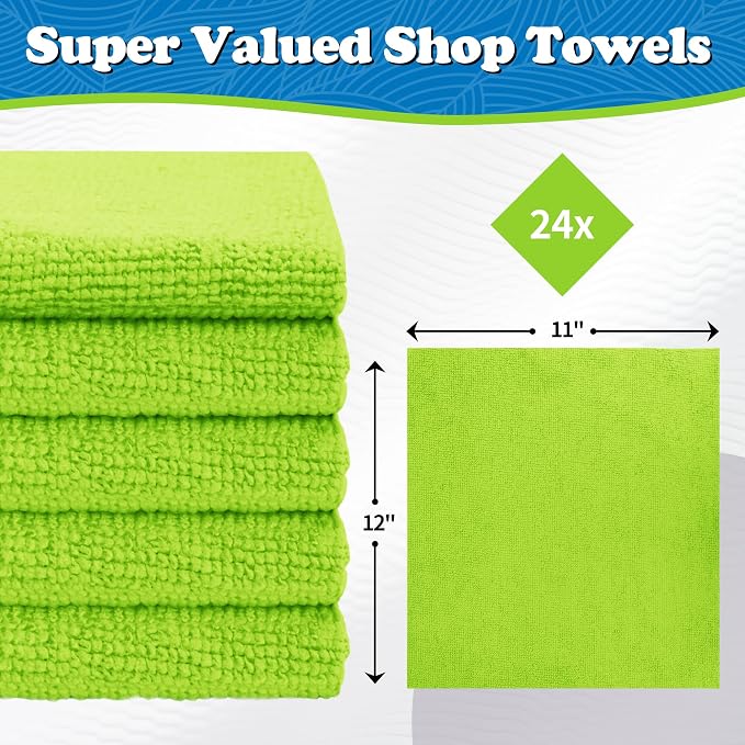 Microfiber Cleaning Cloth, Shop Towels Bulk, 24 Pack Green Microfiber Towels for Cars, All-Purpose Absorbent Cleaning Rags, Dust Cloth for Automotive, Mechanic, Garage, Bar, 12 x 11 inch
