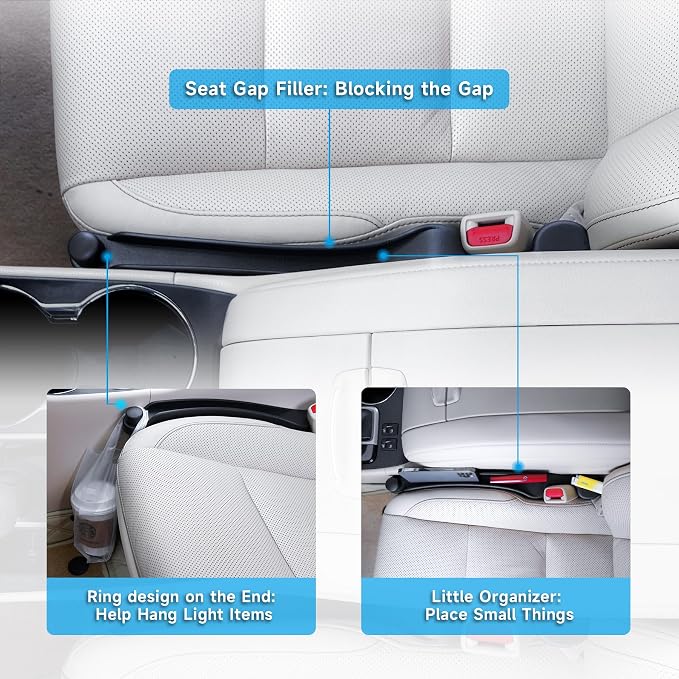 Car Seat Gap Filler Set of 2, 3IN1 Seat Side Gap Filler Plug with Storage Slot & Hook Function, Soft Foam Universal Fit Car SUV Truck Fill Gap Between Seats Console Organizer（Narrow Black）