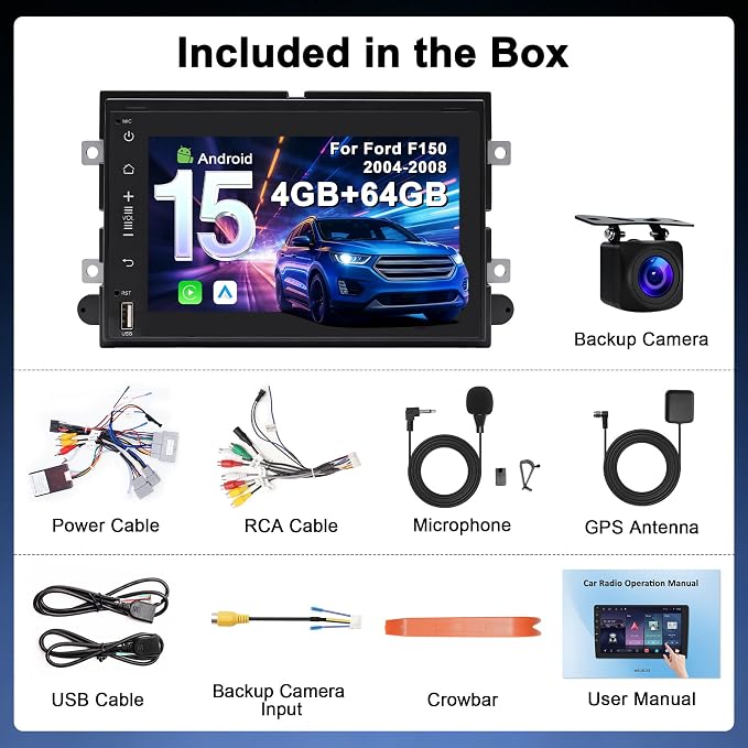 4G+64G Car Radio for Ford F150 2004-2008: 7" Stereo CarPlay Android Auto | Upgrade Android 15, BT 5.4, WiFi 6, GPS, FM, RDS, EQ, SWC, 1080P Backup Camera