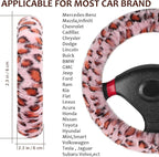 Fuzzy Steering Wheel Cover, Universal Fit Fur Car Wheel Cover & Handbrake Cover & Gear Shift Cover Set for Women Girls, Leopard Winter Warm Fluffy Vehicle Wheel Protector for Auto, SUV (Pink)
