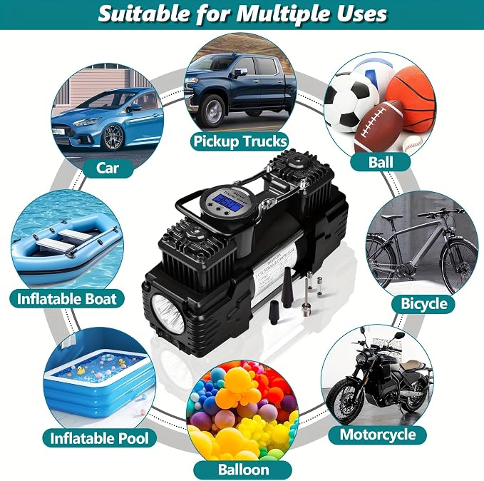 Dual Cylinder Portable Tire Inflator Air Compressor, 150 PSI 12V DC Air Pump with Digital Display, Emergency LED Light, Auto Shut-Off, Heavy Duty