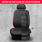 Universal FIT Piping Leather Two Front Seat Covers, Waterproof Faux Leather for SUV Sedan Van Truck, Airbag Compatible,Reserved Opening Holes for Headrest Covers. (Black red)