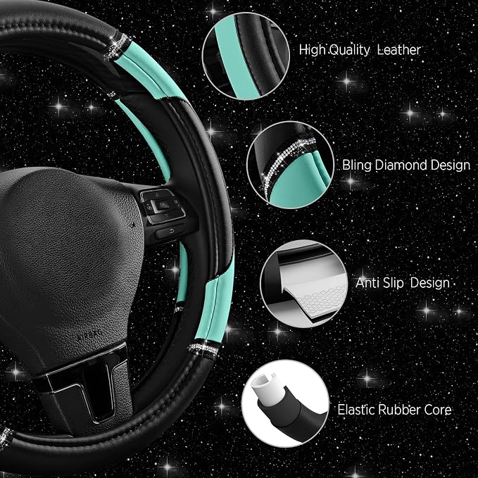 Leather Steering Wheel Cover - Made with PVC Leather - Anti-Slip, Universal Fit 14 1/2 inches to 15 inches - Mint