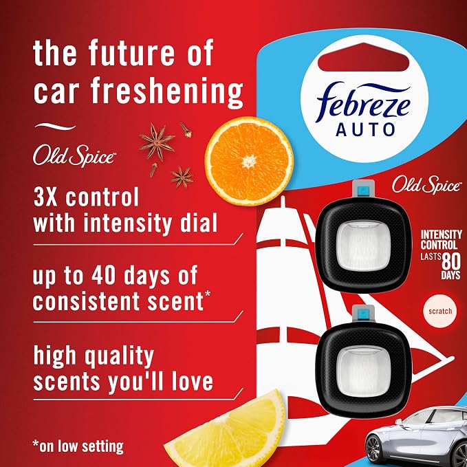 Odour-Fighting Auto Air Freshener, Car Vent Clip, Old Spice, 4ct