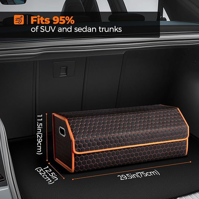 Car Trunk Organizer for SUV and Sedan, Orange-Honeycomb, 29.5 in | Honeycomb Textured Exterior, Extra‑Large, Premium Leather, Magnetic Lid, Collapsible & Adjustable, Water‑Resist & Dust‑Proof
