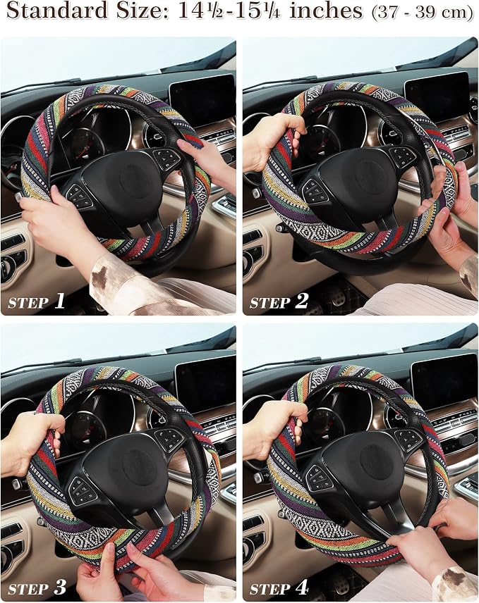 Boho Steering Wheel Cover with Baja Blanket Cloth, Ethnic Style Auto Wheel Cover Made of Coarse Flax, Fits 14 1/2-15 1/4 inches Car Wheel