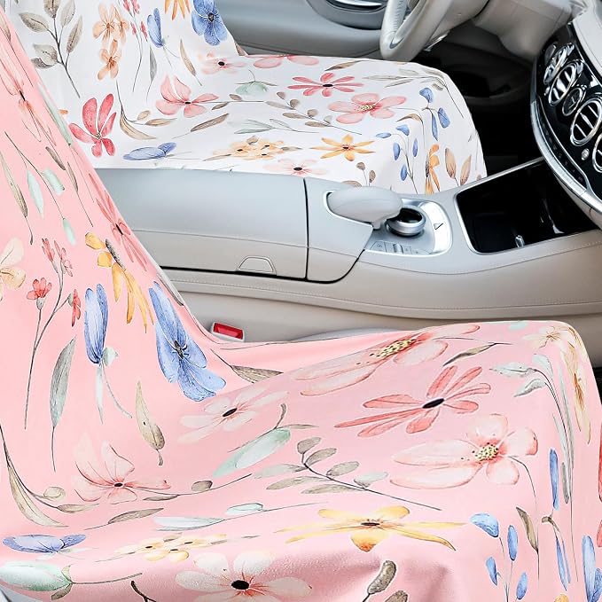 Car Seat Towel Covers with Storage Bag, 63 x 32 Inch Universal Non Slip Waterproof Sweat Protector for Car Truck, Gym Swimming Running, Machine Washable(2 Pack,Watercolor Flowers)