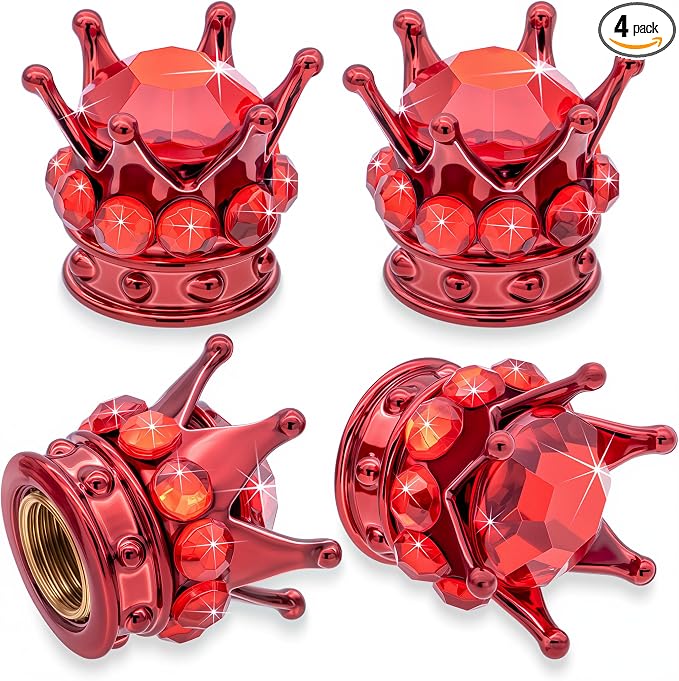 4PCS Crown Bling Tire Stem Valve Caps, Crystal Diamond Car Wheel Tire Valve Caps Universal Copper Core Stem Covers for Cars, SUV, Trucks, Bikes, Motorcycles, Bicycles (Red)