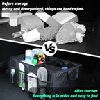 Car Trunk Organizer, Waterproof Adjustable Vehicle Storage Box, Automotive Collapsible Multi Compartment Organization Container Accessories, Universal for SUV, Sedan, Truck (Black)