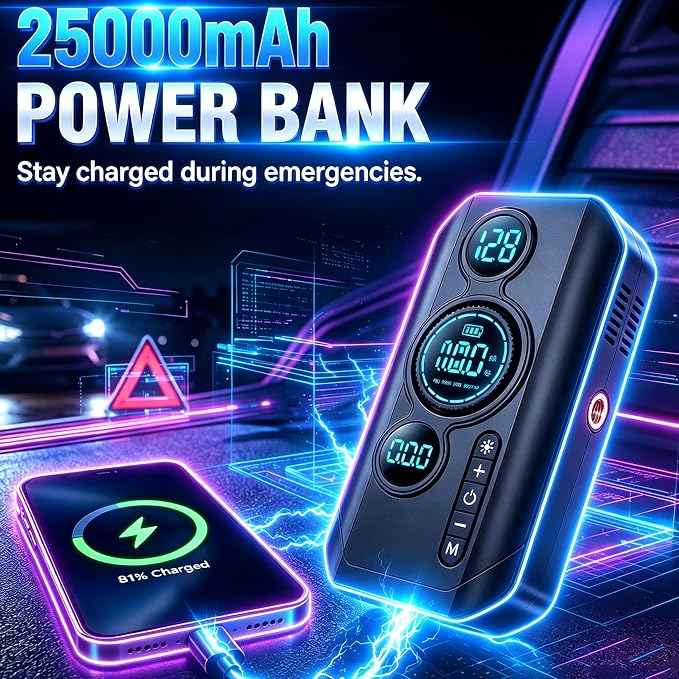 8000A Jump Starter with Air Compressor, Portable Tire Inflator, German-Tech Fast-Charging Power Bank Car Battery Booster for Car Owners Camping, Road Trips, Family Safety & Gift Giving (A3)
