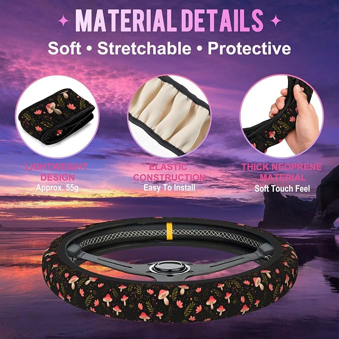 Vintage Mushroom Steering Wheel Cover for Women Men Neoprene Breathable Botanical Floral Wheel Cover Protector Anti-Slip Car Accessories Universal 15 Inch Fit for Cars Trucks Vehicles