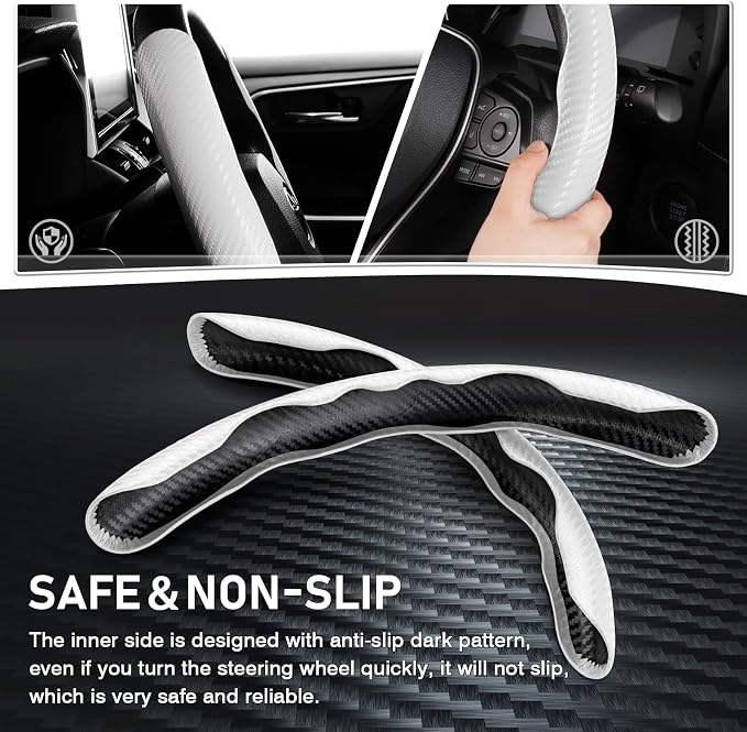 Steering Wheel Cover, Carbon Fiber Steering Wheel Cover for Men/Women, Anti-Slip, Durable, Universal for 99% Car Interior Accessories (White)