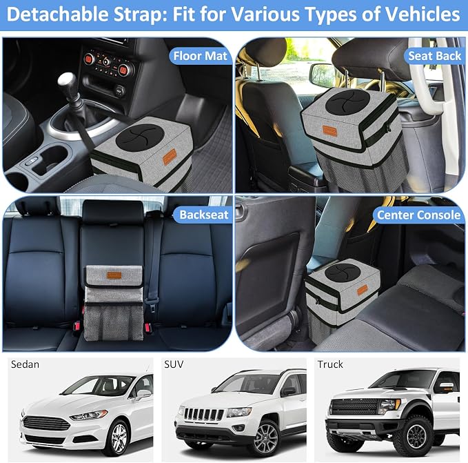 Car Trash Can Bin for Back Seat Leak Proof, Cute Car Trash Bag Hanging, Vehicle Trash Can for SUV Truck Van, Automotive Garbage Cans Front Seat Grey