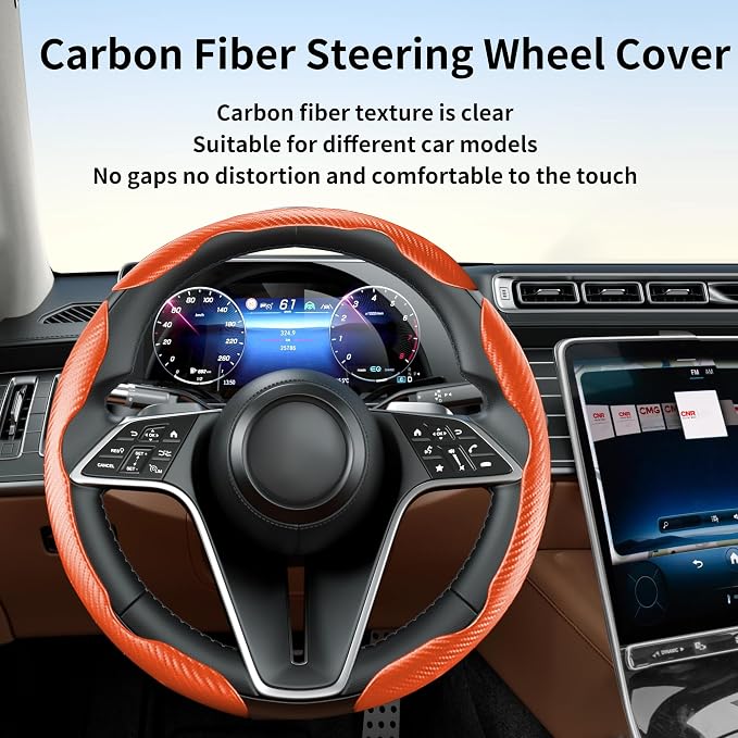 3Pcs Carbon Fiber Steering Wheel Cover Universal Fit 99% Cars | Non-slip soft grip, easy to wipe clean, quick to install, perfect for daily commutes and road trips, Orange