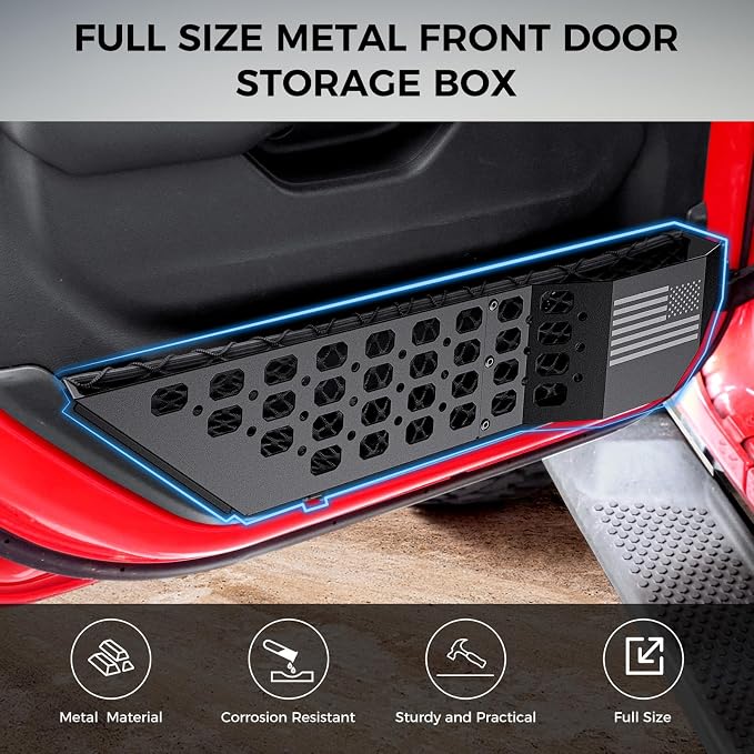 Metal Front Door Pocket Storage Box for Jeep Wrangler JL JLU 4XE 2018-2026 & Gladiator JT 2020-2023 2024 2025 2026 Accessories Door Storage Organizer Molle Panels (Not for Power Seats), 2PCS
