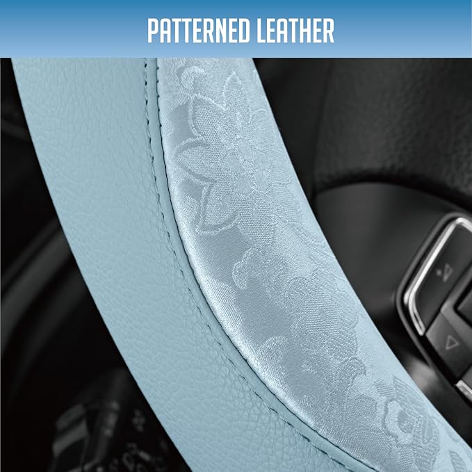 Steering Wheel Cover, Light Blue Patterned Leather Patchwork Design, Universal Fit 14.5"–15.5", Anti-Slip, Odor-Free, Soft PU Grain Leather, Durable Grip Car Accessory for Girls & Women