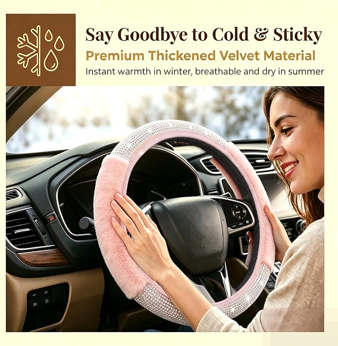 Bling Steering Wheel Cover Pink Fluffy Rhinestone for Women Girls | White Diamond Elastic Car Steering Wheel Accessories Sparkling Fur Steering Wheel Protector Warm Universal Fit 14-15 inch