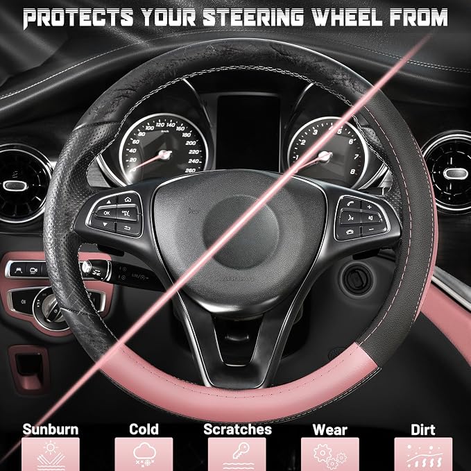 Steering Wheel Cover for Car, Standard Size 14.5-15 inch, Auto Interior Accessories, Black and Pink