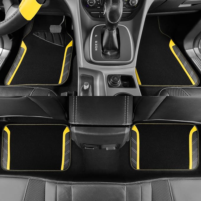 Leather Steering Wheel Cover and Waterproof Car Floor Mats,Microfiber Universal Car Combo Fit for 95% Sedan SUV Van Truck,14.5-15 inch Sporty Anti-Slip Safety Comfortable Design, Black＆Yellow