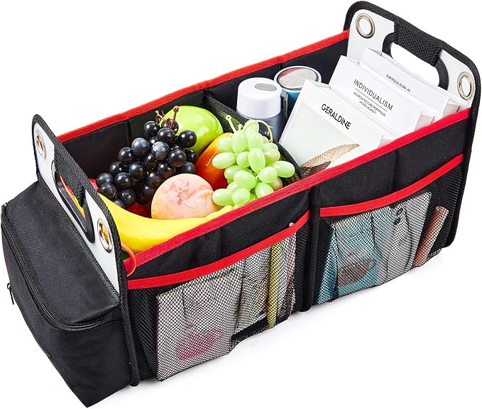 Car Trunk Organizer, Collapsible Back Seat Storage with Insulated Drinks Holder, Water Resistant Backseat Organizer for Diapers, Toys, Snacks, Books & More