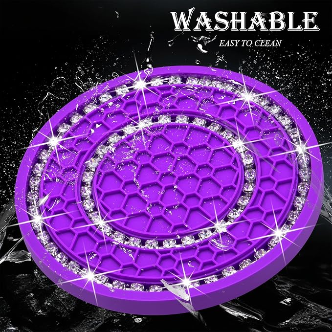 2PCS Bling Crystal Rhinestone Cup Holder Coaster, 2.75 inch Soft Silicone Anti-Slip Shockproof, Car Cup Holder Insert Coasters, Universal Car Interior Accessories for Women (Purple & White)