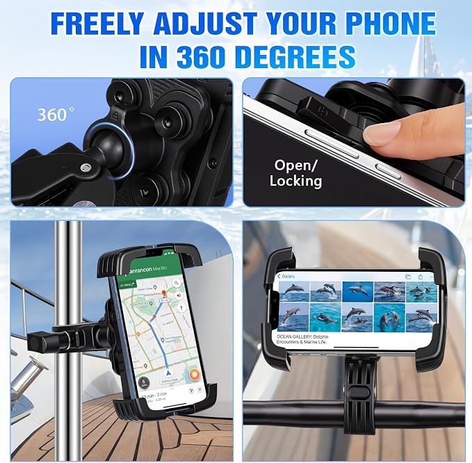 1 Pack Boat Phone Holder, Marine Cell Phone Holder No Sunshade, Black 360 Degree Adjustable Knob Crab Clamp, Smartphone Accessory for Boat Rail, Car, Cycling, Pontoon and Outdoor Use