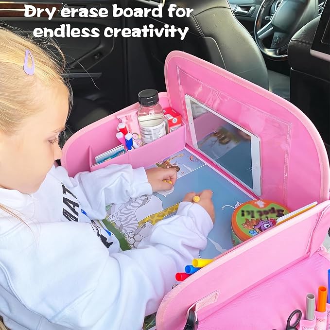 Kids Travel Tray for Toddler Car Seat, Road Trip Activities for Kids with iPad Holder Stand & Dry Erase Board, Road Trip Essentials Accessories Lap Tray as Travel Gifts for Kid, Pink
