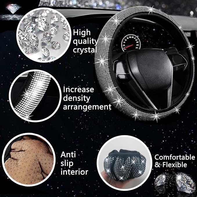 27 PCs Bling Car Accessories Set for Women, Steering Wheel Covers Universal Fit 15 Inch, Bling License Plate Frame, Bling Phone Holder, Bling Car Coasters (Silver Diamond)