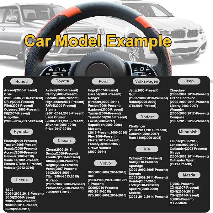 Orange Steering Wheel Cover Microfiber Leather Sporty Car Accessories for Men and Women,Breathable Non-Slip Universal Fit 14 1/2-15 Inch(Black and Orange)